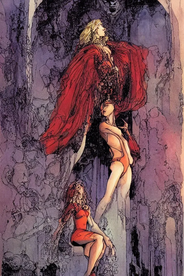 Image similar to beautiful woman at the entrance of the temple of desire by sergio toppi and john harris