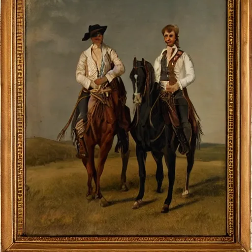 Image similar to portrait of a gay cowboy couple with horses, 1 8 0 0 s