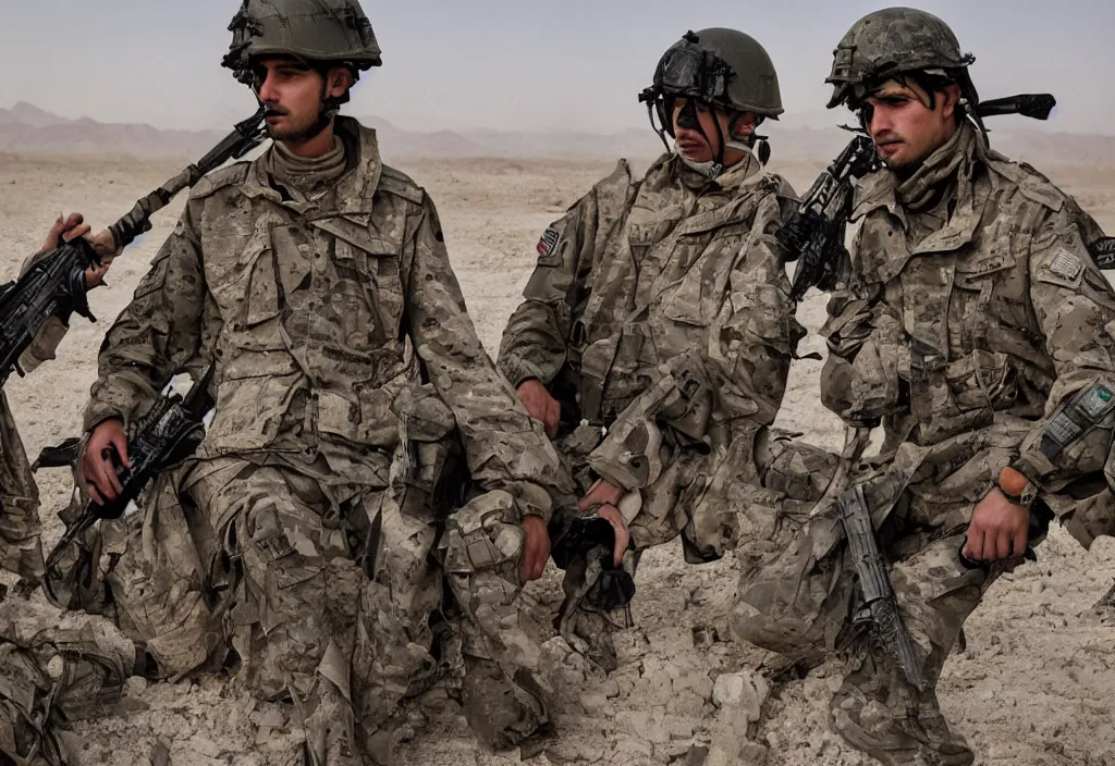 Image similar to fashion editorial in Afghanistan war battlefield. highly detailed.