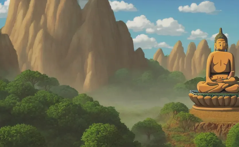 Image similar to a cell shaded movie still from a studio ghibli cartoon showing a highly detailed landscape with a giant living buddha statue marching through a valley in the desert. misty, depth perception, 4 k