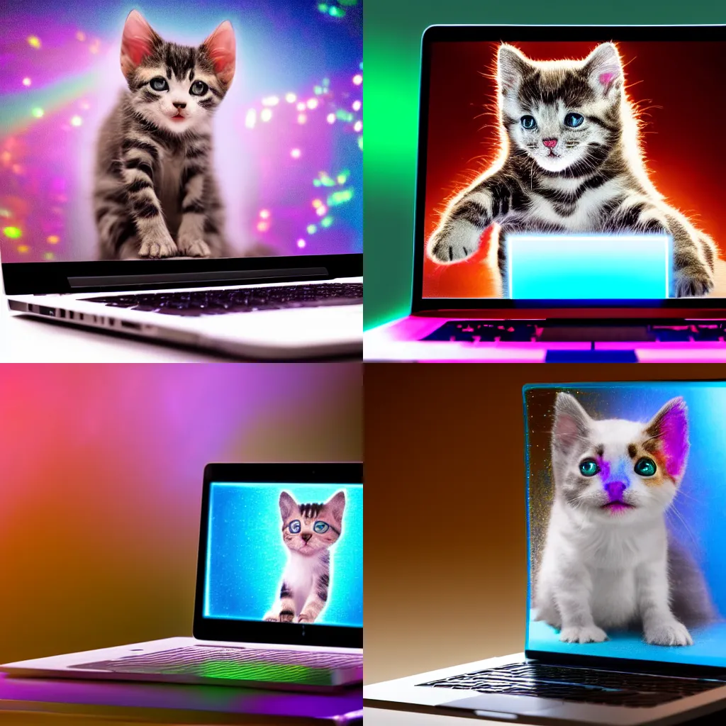 Prompt: A holographic kitten emitting from the screen of a laptop, sitting on a student\'s desk, 4K 50mm f/4, award winning