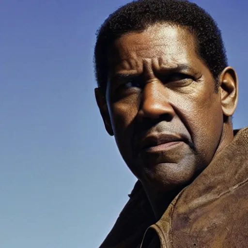 Prompt: Denzel Washington with a gun in fallout new vegas, movie still, face close-up, in color, detailed face, 4k