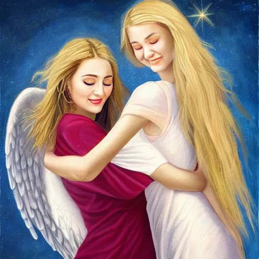 Prompt: a painting two young women in their twenties hugging, they are both beautiful with long blond hair, one of the girls has a halo above her head and angel wings, highly detailed, digital art