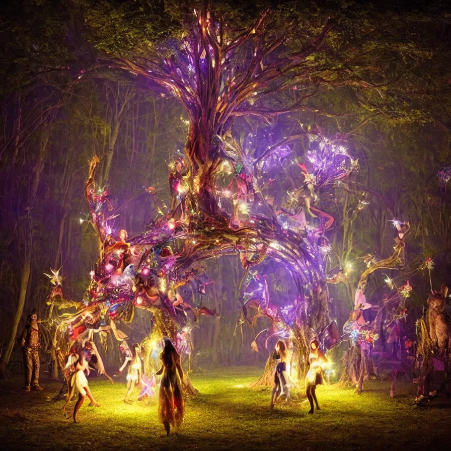 Image similar to photography award of a night carnival fairies around a magical tree, christmas lights, creatures and fantastic people disguised as fantastic creatures in a magical forest by summer night, masterpiece photography by gregory crewdson and john anster fitzgerald, volumetric lightning