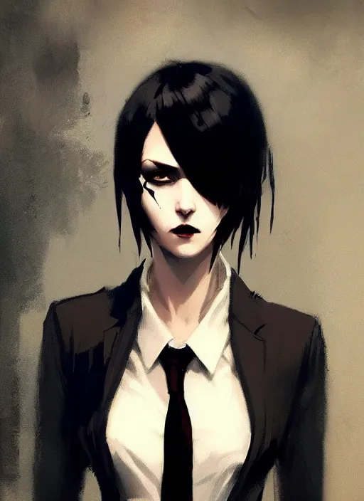 Image similar to ultradetailed beautiful panting of a stylish goth woman wearing a shirt with a tie, she has black hair, distressed, by greg rutkowski, ashley wood, ilya kuvshinov, on artstation