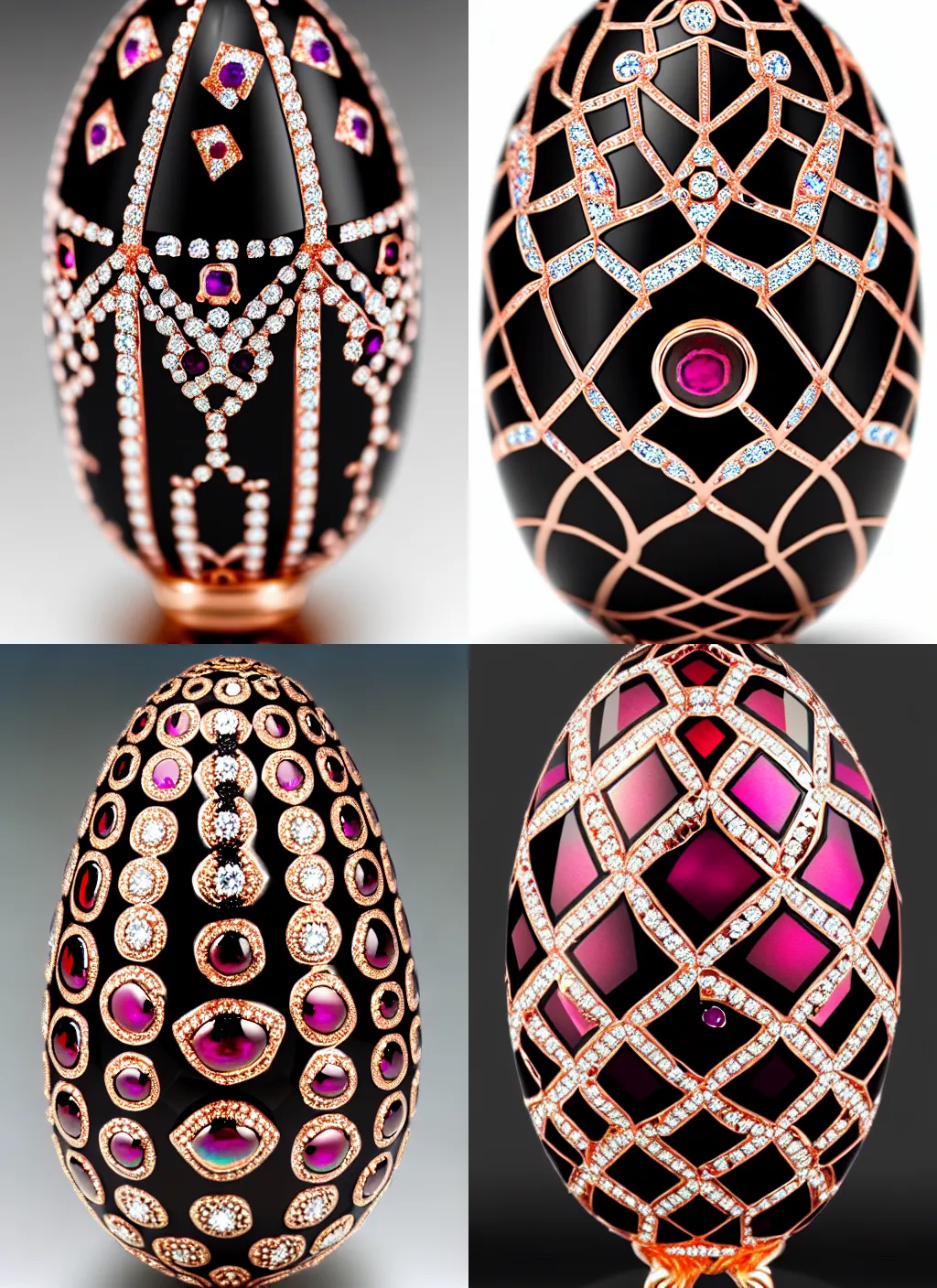 Prompt: elaborate faberge egg black and rose gold diamonds opals rubies ornate, 4 k, reflections