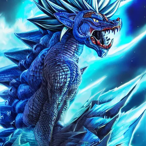 Image similar to Super Saiyan Blue, fantasy artwork, official, hyper detailed, half dragon, draco saiyan, Chinese dragon, reptile, shenron, god character dragonball, award winning artwork