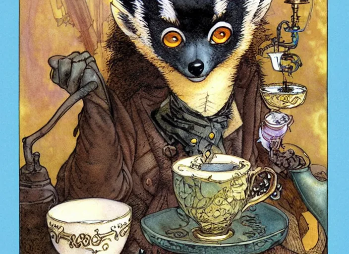 Image similar to an steampunk lemur having a cup of tea, muted colors, by rebecca guay, michael kaluta, charles vess and jean moebius giraud