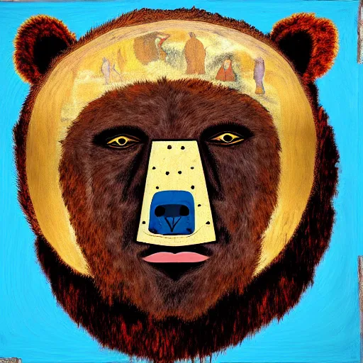 Image similar to portrait of shaman in a bear mask, paleolithic cave paining