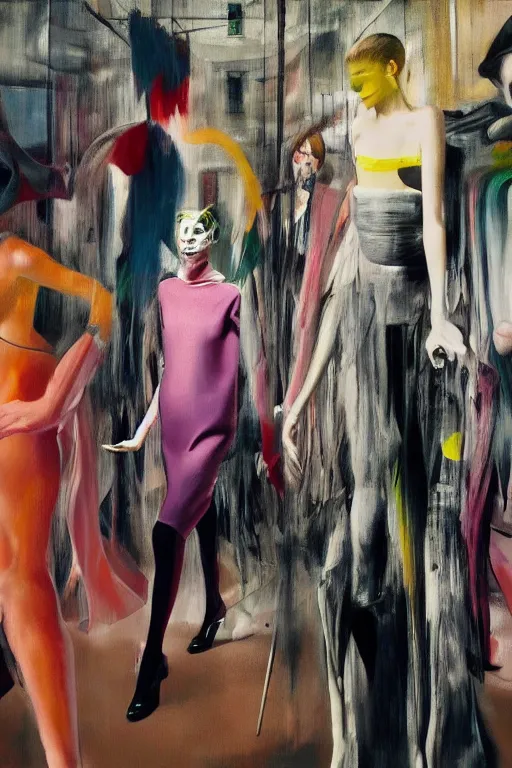 Image similar to crazy fashion catwalk, hauntingly surreal, highly detailed painting by francis bacon, edward hopper, adrian ghenie, gerhard richter, and james jean soft light 4 k,