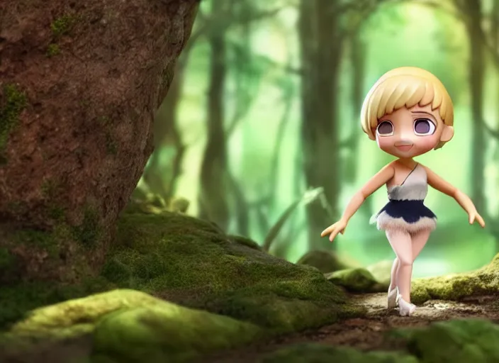 Image similar to blond prima ballerina as nendoroid walking in a forest in the croods movie style, anime, disney, pixar, 8 k, hd, dof, kodak film, volumetric lighting, subsurface scattering, photorealistic, octane render, details