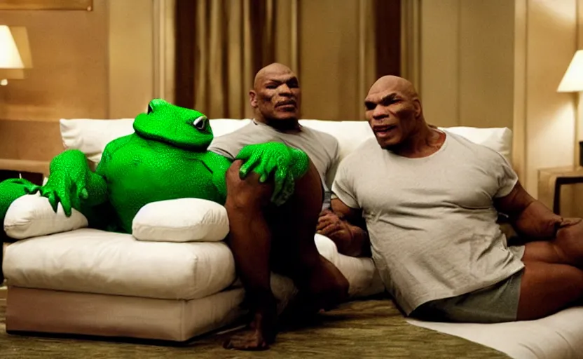 Image similar to a giant green toad sitting with mike tyson in a large clean hotel room, on a couch, movie directed by martin scorsese and christopher nolan, masterpiece, 8 h