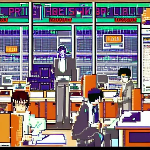 Prompt: pixel art of wallstreet office with brokers running between the bloomberg terminals, visual novel cg, 8 0 s anime vibe, vaporwave nostalgia, tsukihime, muv - luv, baldr sky, kimagure orange road, maison ikkoku, city hunter, great teacher onizuka