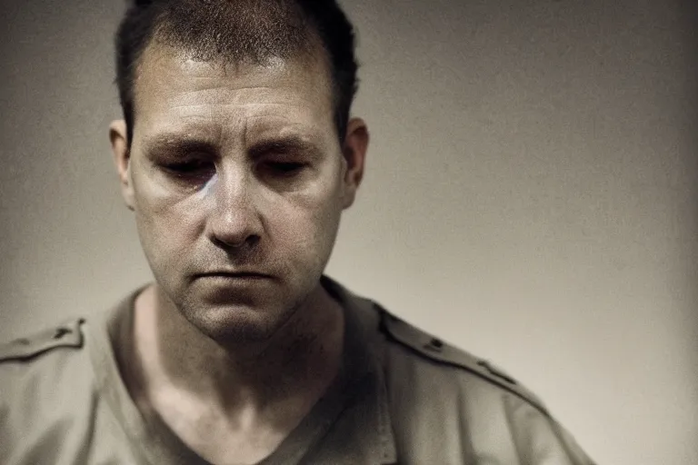 Prompt: an ultra realistic, cinematic headshot portrait of a prison guard, sat in an office, deep focus, dreamy, dramatic lighting, by hendrik kerstens and paolo roversi