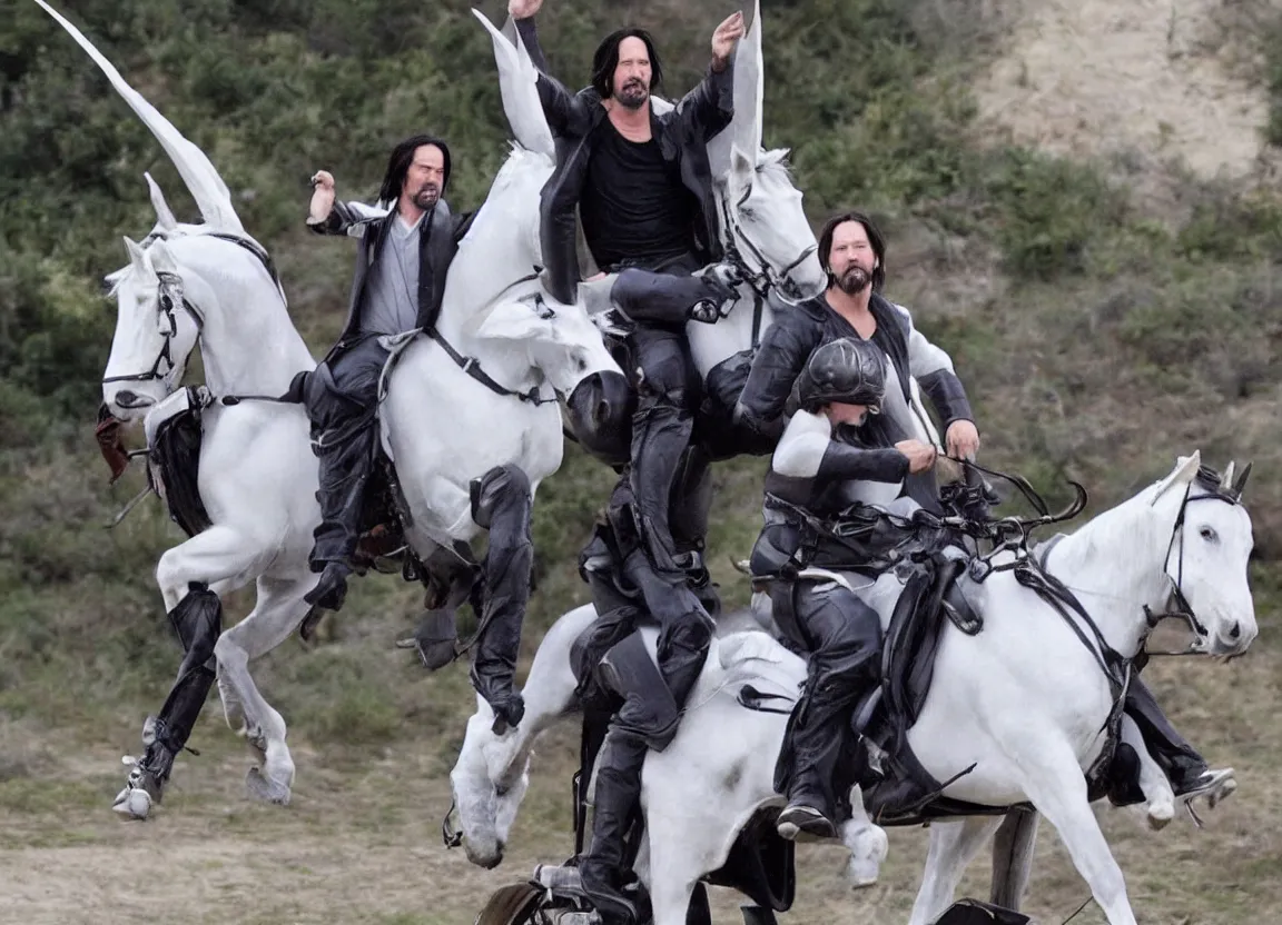 Image similar to keanu reeves riding a flying unicorn