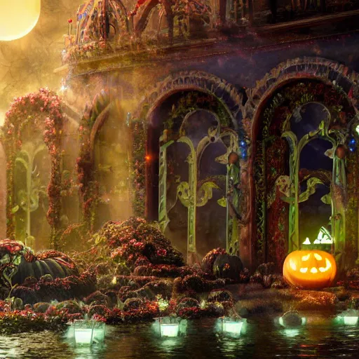 Prompt: gates of heaven, halloween celebration, expressive eyes, floating, rbc, radiolaria, protophyta, micro - organisms, center frame, symmetric, rim light, marine microbiology, bioluminescence, electric, fur, soft, concept art, intricate details, highly detailed, colorful, photorealistic, disney pixar, octane render,