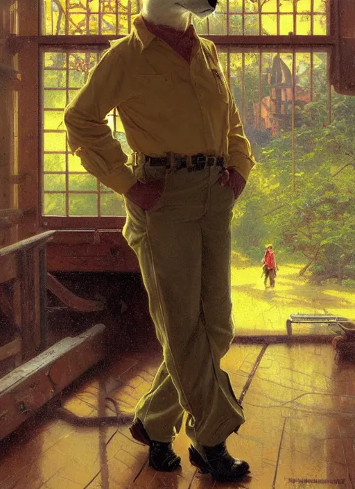 Prompt: beautiful full-body portrait commission of a (male furry!!! anthro!!! albino mountain lion fursona!!!) (wearing a yellow button-down shirt, olive green slacks) (in a Old-timey saloon). Atmospheric. Renowned character illustration by greg rutkowski, thomas kindkade, alphonse mucha, loish, norman rockwell. detailed, inked, western comic book art