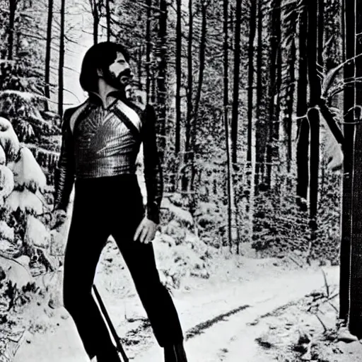 Prompt: freddie mercury 1 9 7 3. folk horror. realistic. detailed. he is in a forest. full moon. snow.