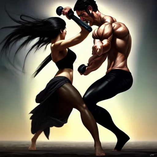 Prompt: an action photo of a black haired woman in a black tank top fighting a man with swords, muscular upper body, abs, d & d, fantasy, intricate, elegant, highly detailed, digital painting, artstation, concept art, smooth, sharp focus, illustration, art by artgerm and greg rutkowski and alphonse mucha