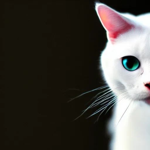 Image similar to a white cat, glowing eyes, trending wallpaper, black background, hyper realistic