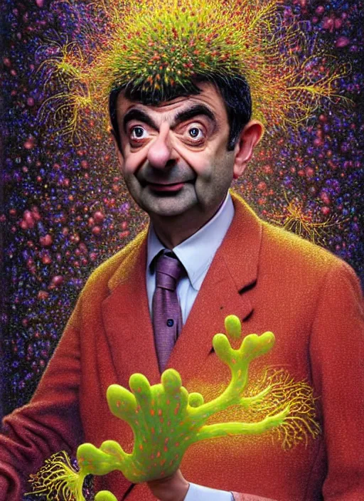 Image similar to hyper detailed 3d render like a Oil painting - silly portrait of Rowan Atkinson as Mr. Bean in Aurora seen Eating of the Strangling network of yellowcake aerochrome and milky Fruit and Her delicate Hands hold of gossamer polyp blossoms bring iridescent fungal flowers whose spores black the foolish stars by Jacek Yerka, Mariusz Lewandowski, Houdini algorithmic generative render, Abstract brush strokes, Masterpiece, Edward Hopper and James Gilleard, Zdzislaw Beksinski, Nicoletta Ceccoli, Wolfgang Lettl, hints of Yayoi Kasuma, octane render, 8k