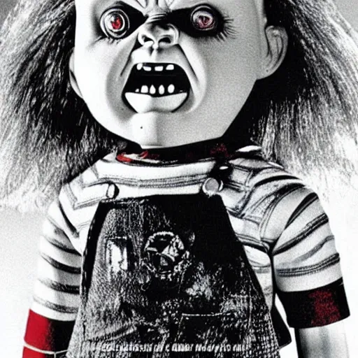 Image similar to Chucky the killer doll from the movie Child's Play standing in the yard