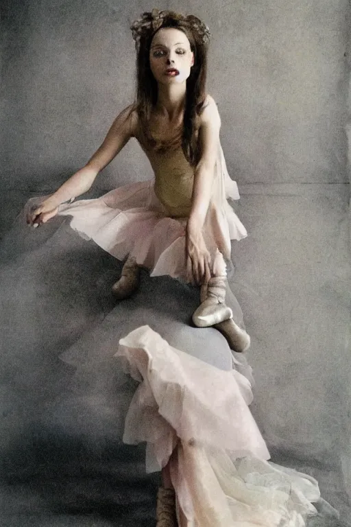 Image similar to hyperrealism fashion portrait woman in a ballet dress and army boots sits on a silk fabric by Roversi photo from The Holy Mountain by Alejandro Jodorowsky in style of Francisco Goya