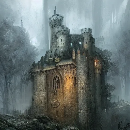 Prompt: portrait of a medieval castle in the rainforrest by Cedric Peyravernay, highly detailed, excellent composition, cinematic concept art, dramatic lighting