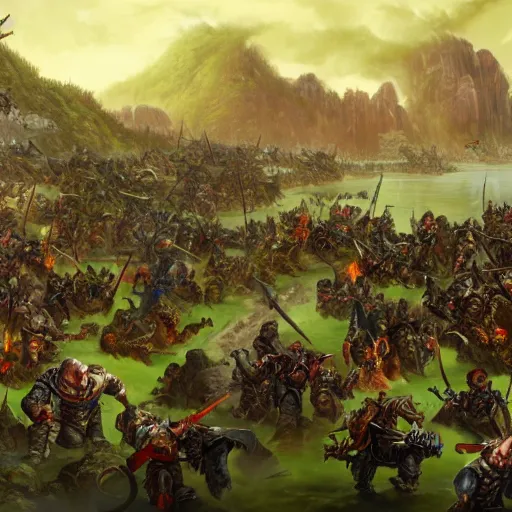 Prompt: wide landscape shot of warhammer orcs fighting pirate vampires, trending on artstartion