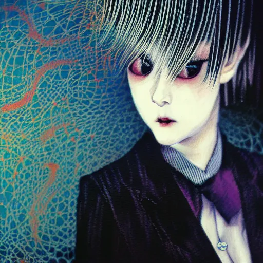 Image similar to yoshitaka amano blurred and dreamy realistic three quarter angle portrait of a woman with white hair and black eyes wearing dress suit with tie, junji ito abstract patterns in the background, satoshi kon anime, noisy film grain effect, highly detailed, renaissance oil painting, weird portrait angle, blurred lost edges