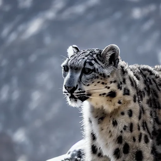 Prompt: snow leopard on mountain, XF IQ4, f/1.4, ISO 200, 1/160s, 8K, RAW, unedited, symmetrical balance, in-frame