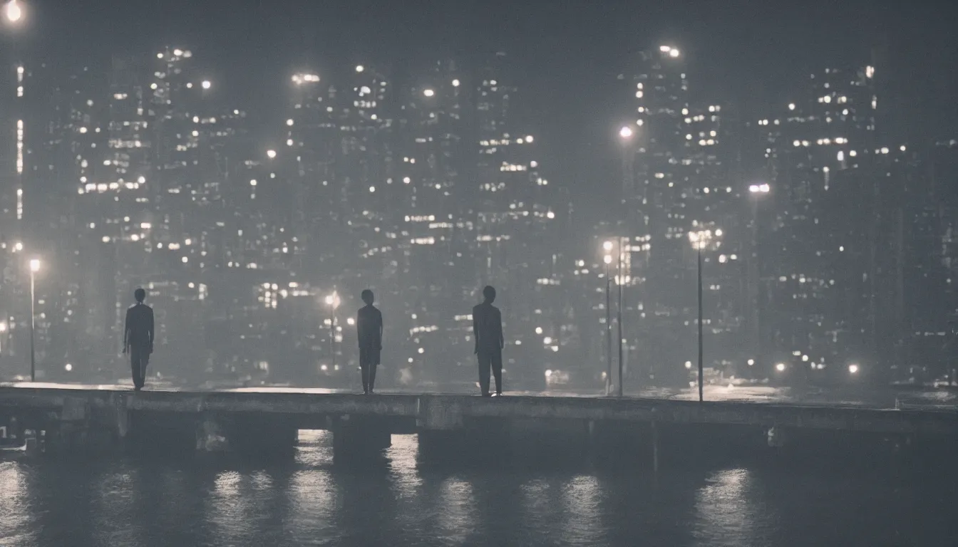 Image similar to 80s asian neon movie still with a lone man levitating over a pier by the river at night with city lights behind his back. Fallen angels movie still. hyperrealistic, photorealistic, high definition, medium format photography, highly detailed, tehnicolor, anamorphic 50mm lens