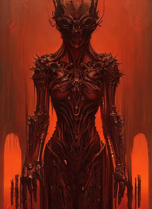 Prompt: masterpiece, infernal lady concept art, stylized, doom, elegant, imperial, epic, intricate art by h. r. giger, greg rutkowski, josan gonzalez, zdizslaw beksinski, biomechanical, crimson darkness, hellscape