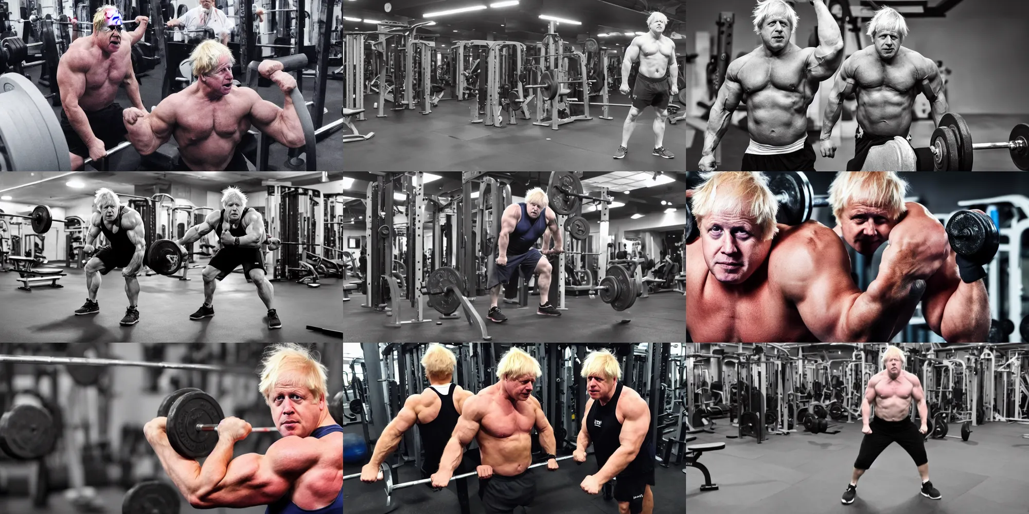 Prompt: a very strong boris johnson in the gym, big muscles, fotorealistic, 4 k