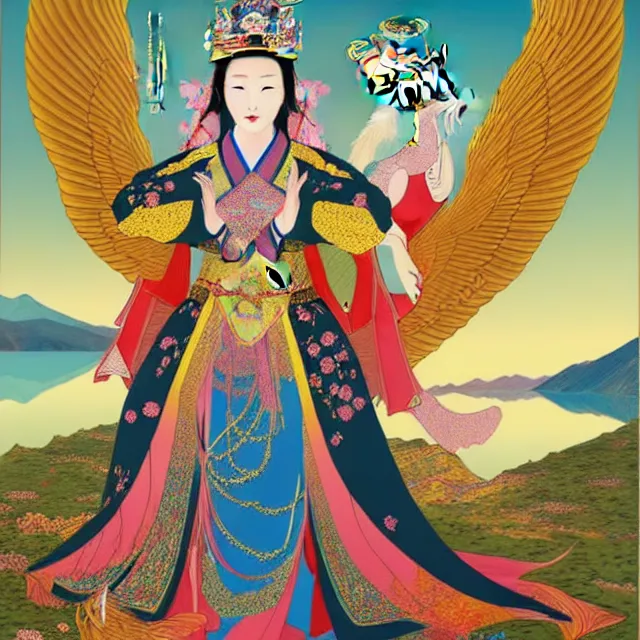 Prompt: portrait of a beautiful asian mongolian princess goddess spreading its wings, portrait of princess wearing a beautiful ornate crown, in the background lake baikal is seen, in the art style of bagshaw tom, by bagshaw tom