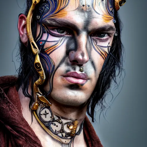 Prompt: an award finning closeup facial portrait by akseli kallen gallela luis rogyo and john howe of a bohemian male cyberpunk traveller clothed in excessivelyg fashionable 8 0 s haute couture fashion and wearing ornate art nouveau body paint