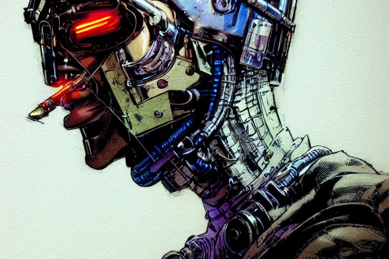 Image similar to closeup portrait stunning full - color art nouveau action shot of a bullet approaching a head, extremely detailed facial structure, dieselpunk armor, linework, by bill sienkiewicz, travis charest and michael golden, dark sci - fi, deep complexity, superhero character concept art, photorealism, stunning framing, dim volumetric lighting, hyperrealism, 8 k