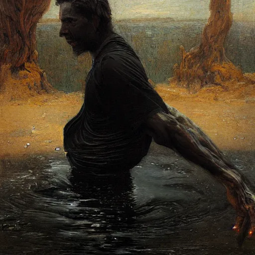 Prompt: man stuck in liquid black asphalt, digital painting by Gaston Bussiere, photorealistic