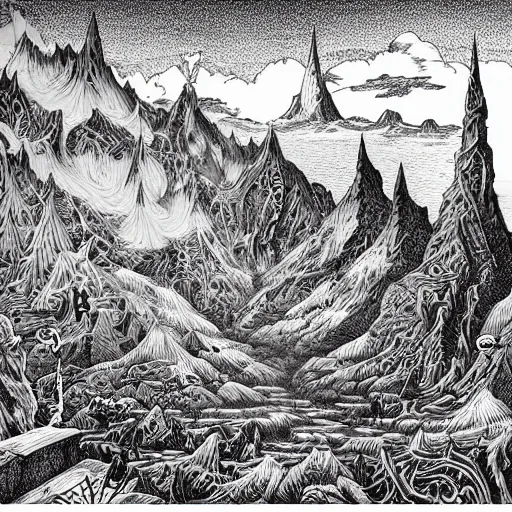 Image similar to impressive fantasy landscape, beautiful line art, pure b & w, etching illustration, square sticker, by joe fenton