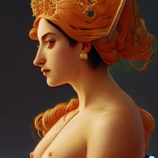 Image similar to side view portrait of a homer simpson goddess, atmosphere, intricate, elegant, highly detailed, digital painting, artstation, concept art, smooth, sharp focus, illustration, art by artgerm and greg rutkowski and alphonse mucha and william - adolphe bouguereau