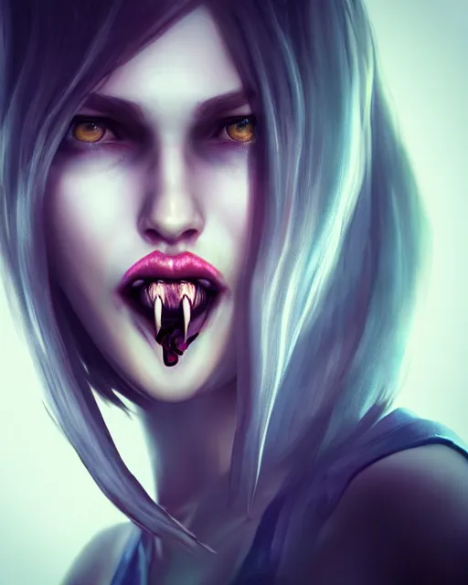 Image similar to realistic portrait of a scary young female game character with big equilateral triangle in place of a mouth, detailed portrait, high quality photo