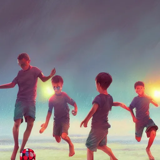 Image similar to four boys playing soccer at a beach, raining, hyper detailed, digital art, trending in artstation, cinematic lighting, studio quality, smooth render, octane rendered, concept art, sharp focus, illustration, art by artgerm and greg rutkowski and wlop