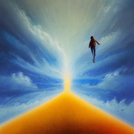 Prompt: a painting of a person flying through the sky, an ultrafine detailed painting by petros afshar, shutterstock contest winner, metaphysical painting, sense of awe, behance hd, windows vista