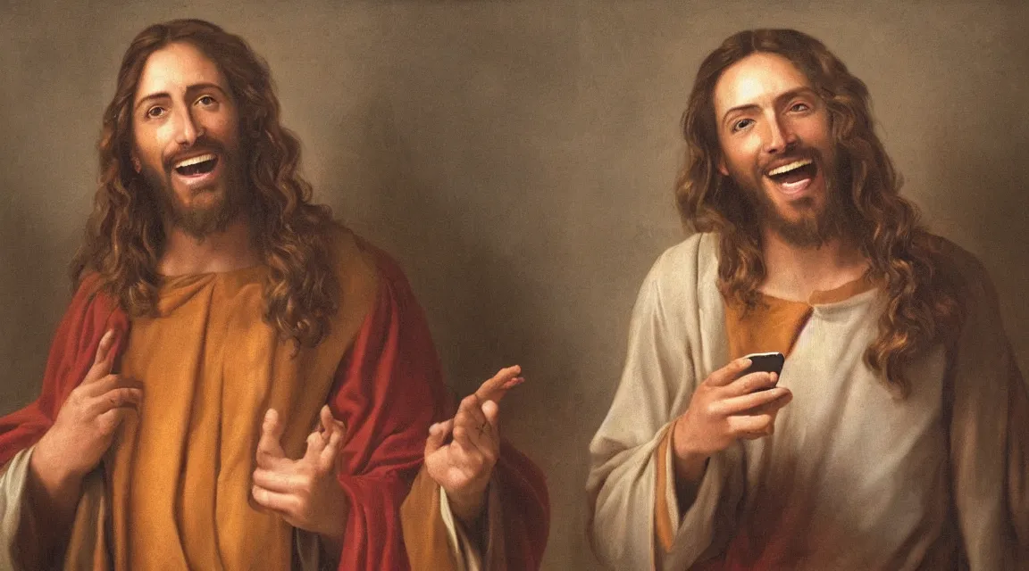 Prompt: portrait of one jesus laughin because see a meme in him cellphone, no letters