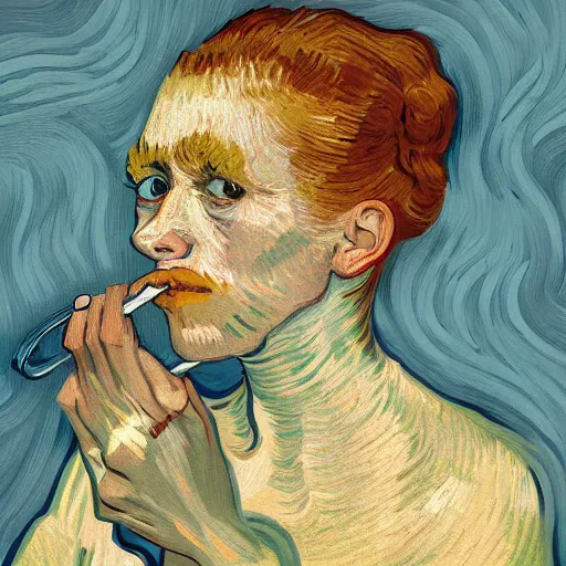 Image similar to digital painting of woman brushing teeth by Van Gogh, trending on Artstation, masterpiece, hyperdetailed