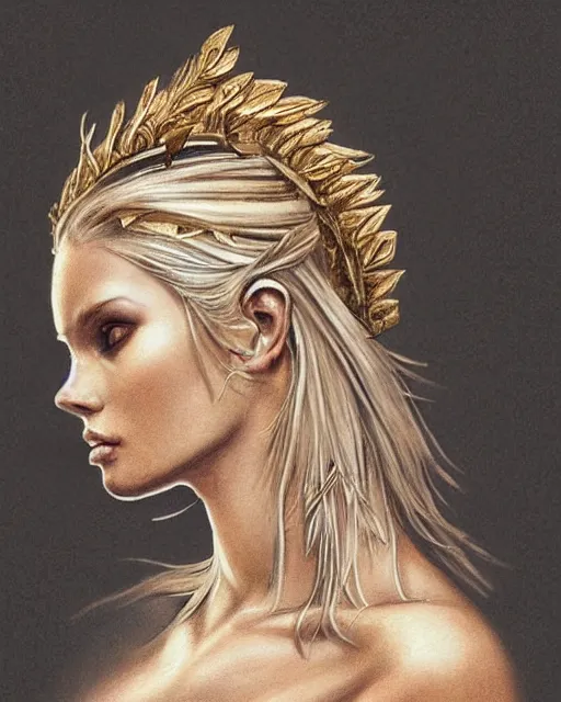 Image similar to tattoo sketch of blonde super model aphrodite greek goddess wearing a gold laurel wreath and triangle earrings, beautiful piercing gaze with sharp pupils, in the style of greg rutkowski, fantasy, amazing detail, epic, elegant, smooth, sharp focus, front view