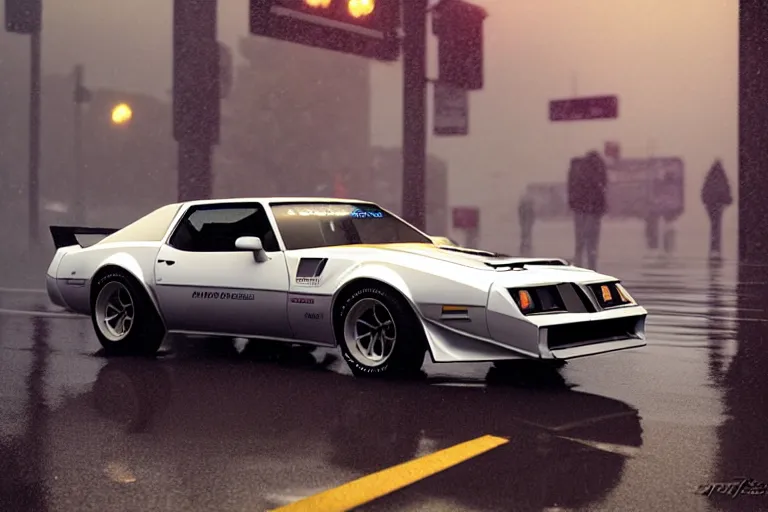 Image similar to hyperdetailed, photorealistic photograph of a 1 9 8 2 pontiac firebird trans - am drifting in the streets, rain, night, dense fog, hd, unreal engine 5 by greg rutowski, by stanley artgerm, by alphonse mucha