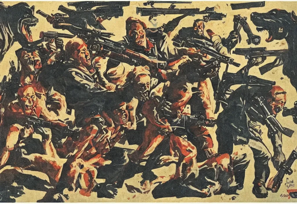 Prompt: soviet propaganda art of werewolves with guns
