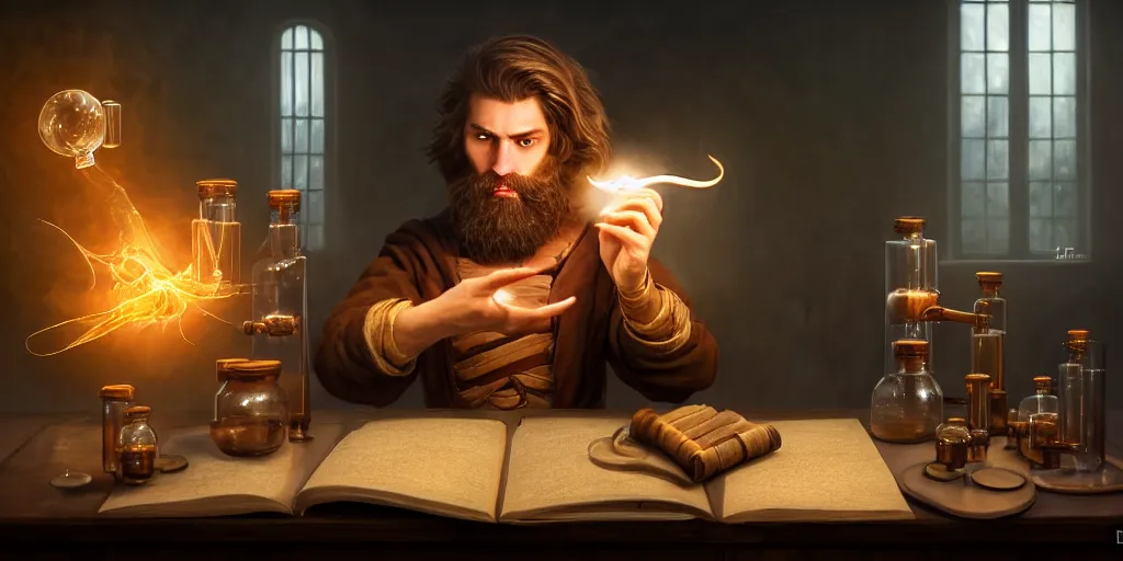 Image similar to a handsome bearded caucasian male sorcerer with brown hair he is casting a spell from a open book on the table, he is in a alchemist lab filled with beakers and equipment, neutral pose, epic composition, 4 k, light rays, super coherent, by dave melvin 1. 0 | dan luvisi 2. 0 | greg rutkowski 0. 5