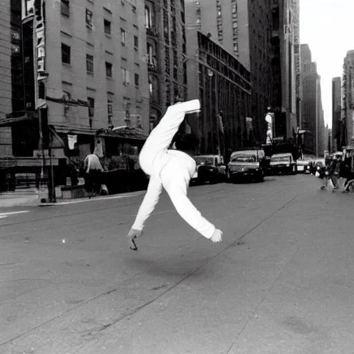 Image similar to a photo of Betty White breakdancing on the streets of New York